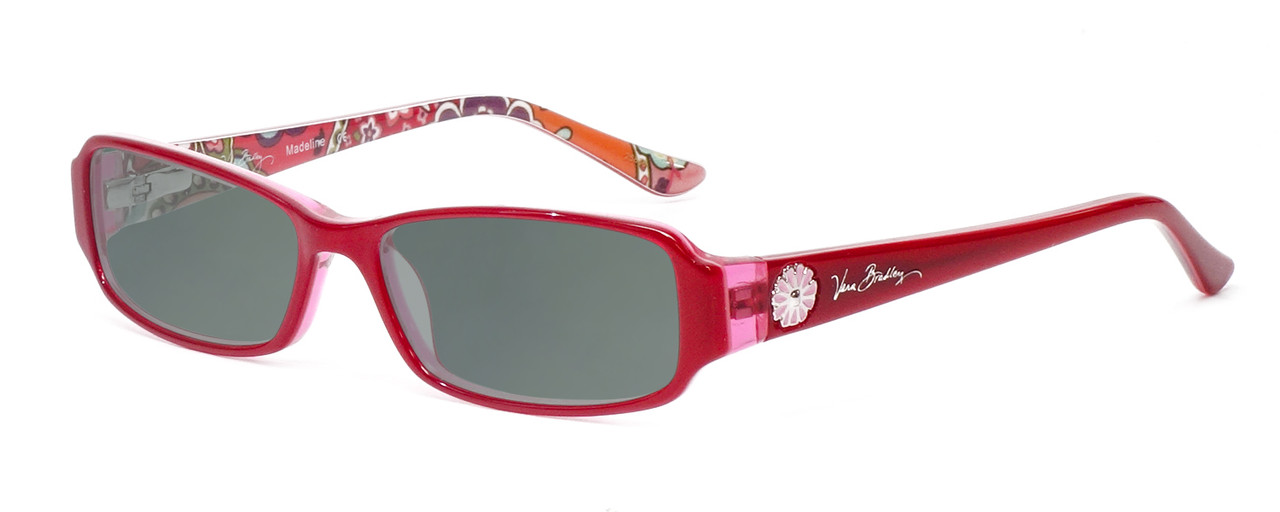 Profile View of Vera Bradley Madeline Designer Polarized Sunglasses with Custom Cut Smoke Grey Lenses in Red Pink Swirl Ladies Rectangle Full Rim Acetate 50 mm