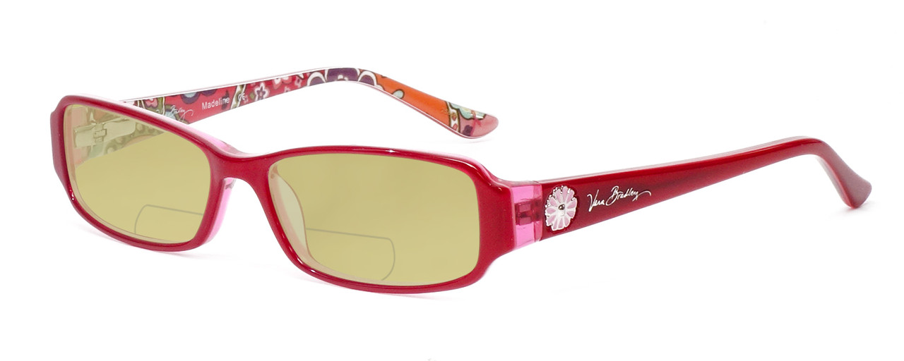 Profile View of Vera Bradley Madeline Designer Polarized Reading Sunglasses with Custom Cut Powered Sun Flower Yellow Lenses in Red Pink Swirl Ladies Rectangle Full Rim Acetate 50 mm