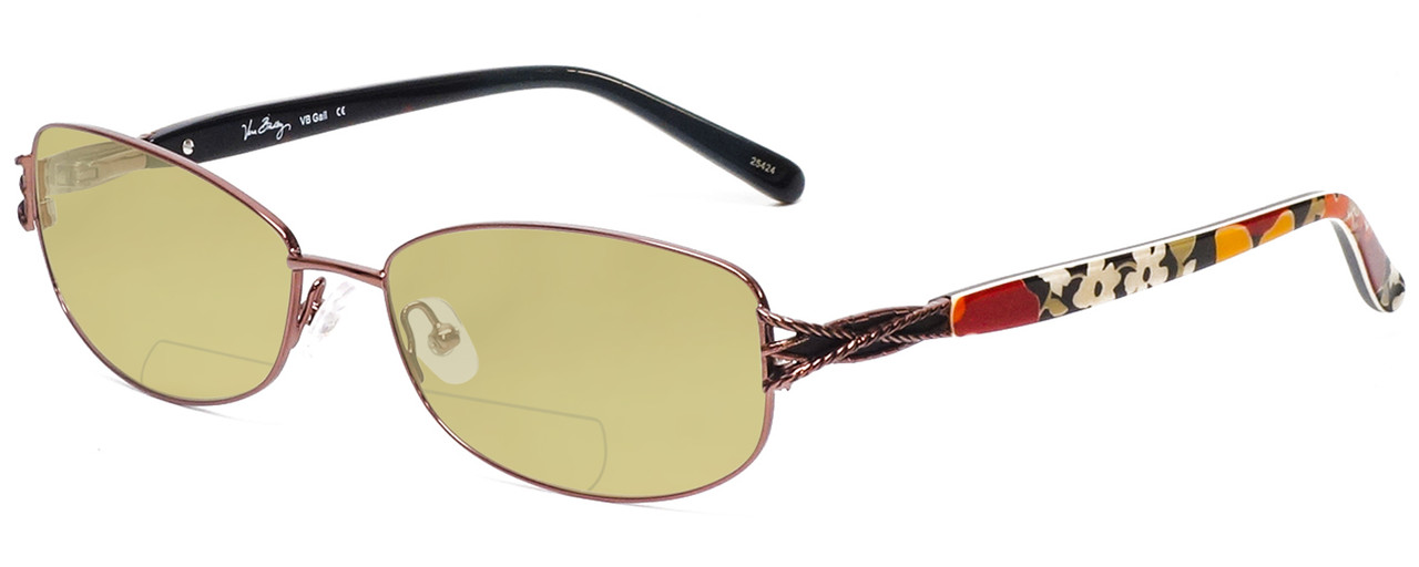 Profile View of Vera Bradley Gail Designer Polarized Reading Sunglasses with Custom Cut Powered Sun Flower Yellow Lenses in Brown Bittersweet Ladies Rectangle Full Rim Metal 57 mm