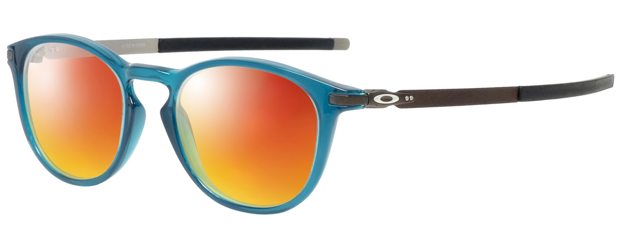 Profile View of Oakley Pitchman R Designer Polarized Sunglasses with Custom Cut Red Mirror Lenses in Aurora Blue Unisex Round Full Rim Acetate 50 mm