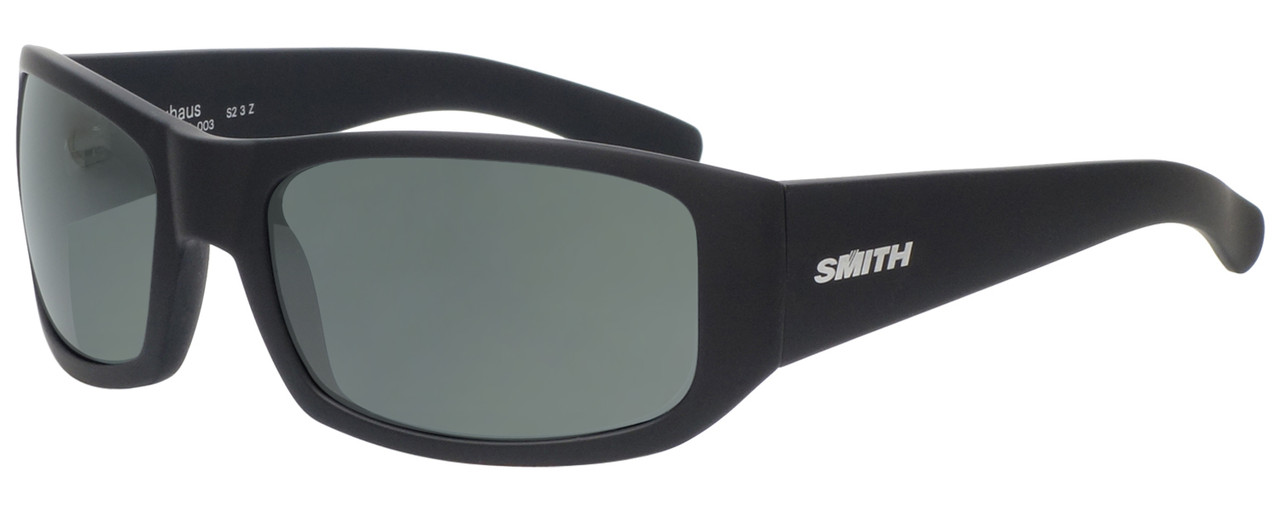 Profile View of Smith Optics BAUHAUS Designer Polarized Sunglasses with Custom Cut Smoke Grey Lenses in Matte Black Mens Classic Full Rim Acetate 59 mm