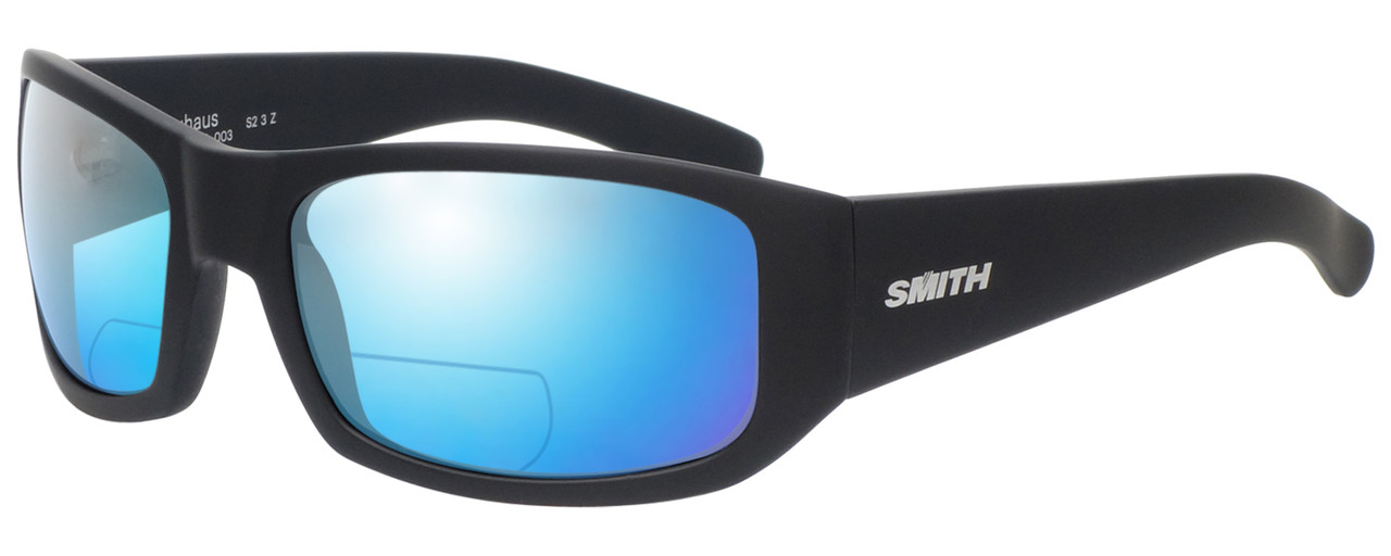 Profile View of Smith Optics BAUHAUS Designer Polarized Reading Sunglasses with Custom Cut Powered Blue Mirror Lenses in Matte Black Mens Classic Full Rim Acetate 59 mm