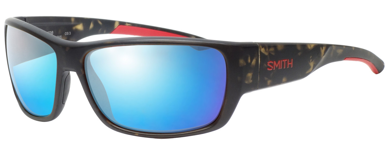 Profile View of Smith Optics FORGE Designer Polarized Sunglasses with Custom Cut Blue Mirror Lenses in Matte Green Tortoise Havana Mens Classic Full Rim Acetate 64 mm