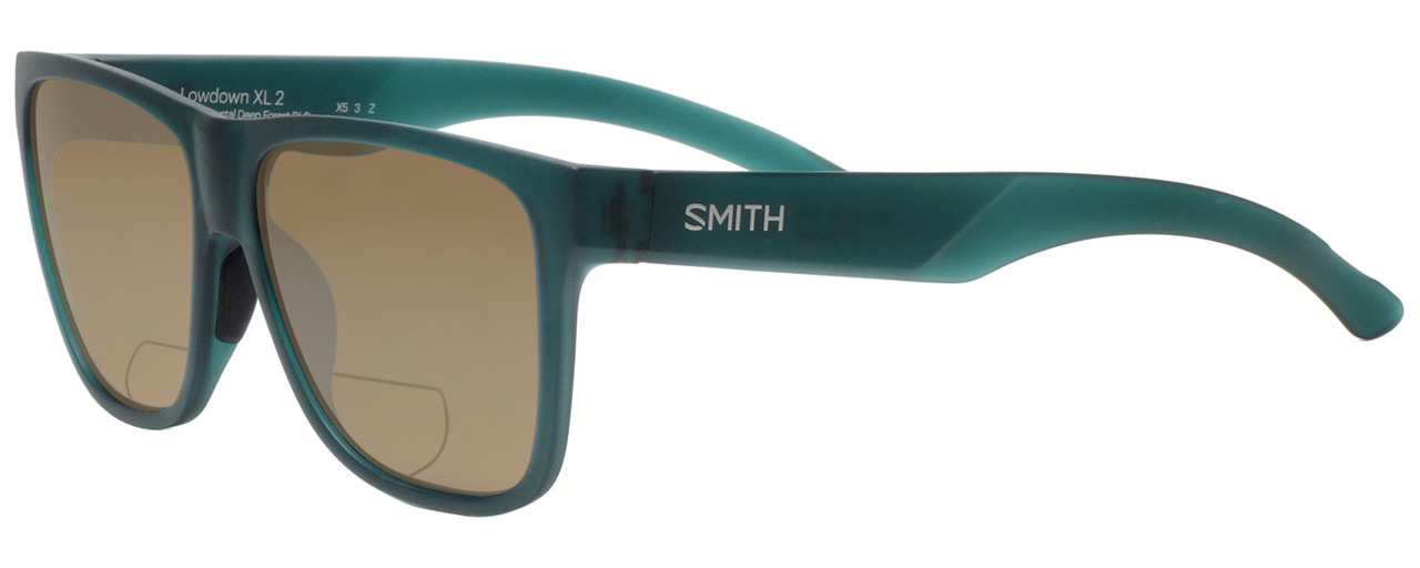 Profile View of Smith Optics LOWDOWN XL 2 Designer Polarized Reading Sunglasses with Custom Cut Powered Amber Brown Lenses in Matte Green Unisex Square Full Rim Acetate 60 mm