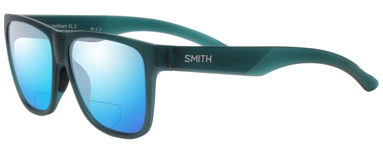 Profile View of Smith Optics LOWDOWN XL 2 Designer Polarized Reading Sunglasses with Custom Cut Powered Blue Mirror Lenses in Matte Green Unisex Square Full Rim Acetate 60 mm