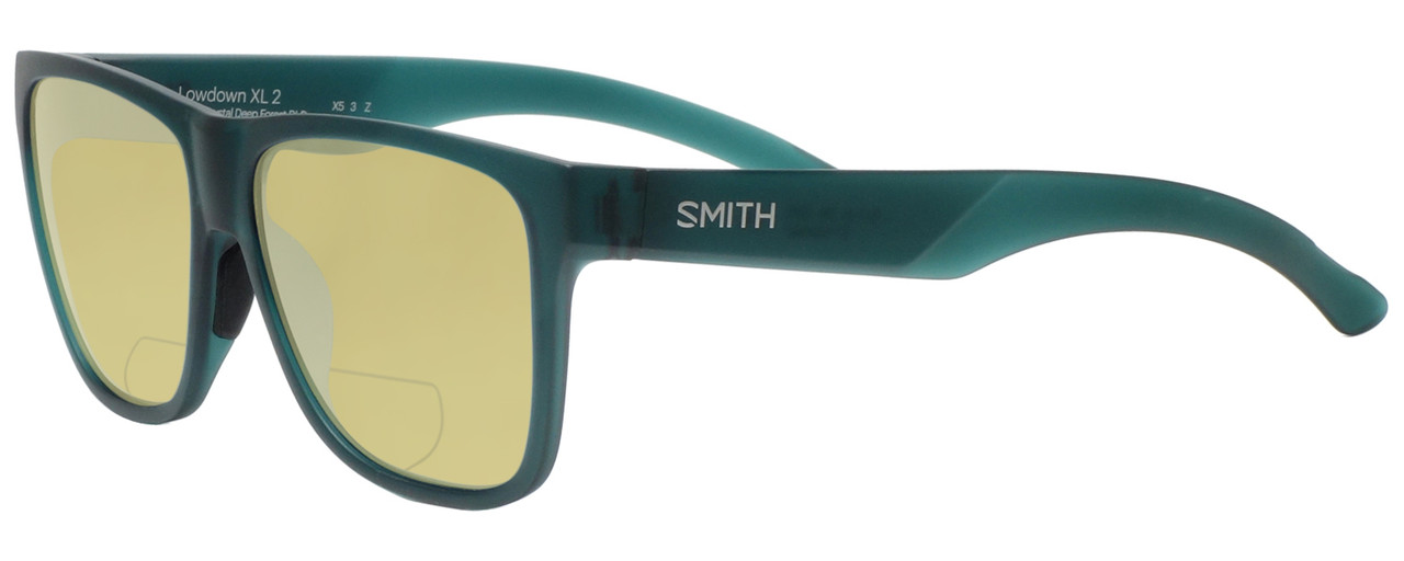 Profile View of Smith Optics LOWDOWN XL 2 Designer Polarized Reading Sunglasses with Custom Cut Powered Sun Flower Yellow Lenses in Matte Green Unisex Square Full Rim Acetate 60 mm