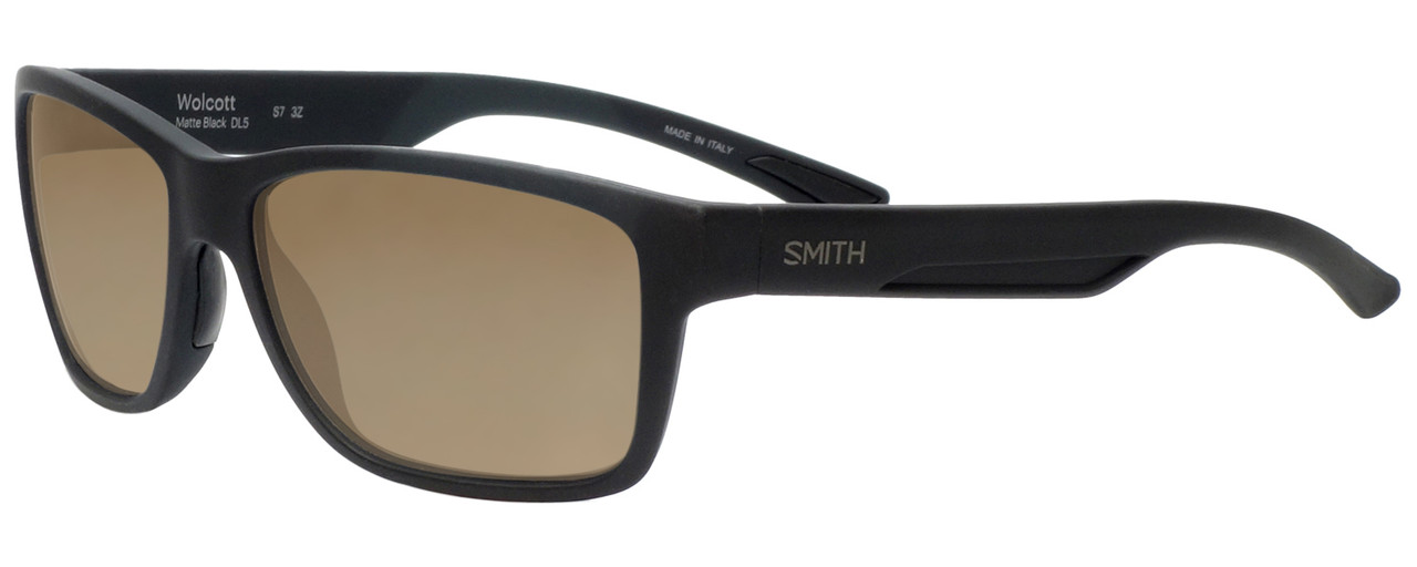 Profile View of Smith Optics WOLCOTT Designer Polarized Sunglasses with Custom Cut Amber Brown Lenses in Matte Black Unisex Square Full Rim Acetate 58 mm