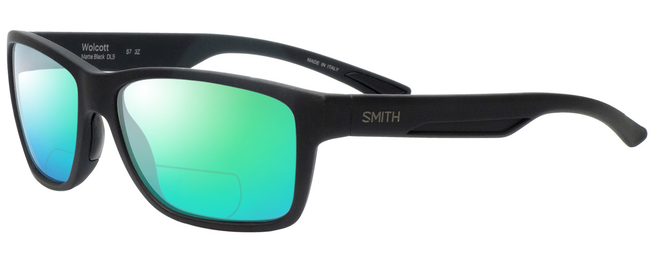 Profile View of Smith Optics WOLCOTT Designer Polarized Reading Sunglasses with Custom Cut Powered Green Mirror Lenses in Matte Black Unisex Square Full Rim Acetate 58 mm