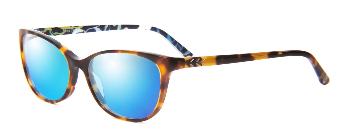 Profile View of Vera Bradley Liliana Designer Polarized Sunglasses with Custom Cut Blue Mirror Lenses in Katalina Blues Tortoise Havana Honey Ladies Cateye Full Rim Acetate 54 mm