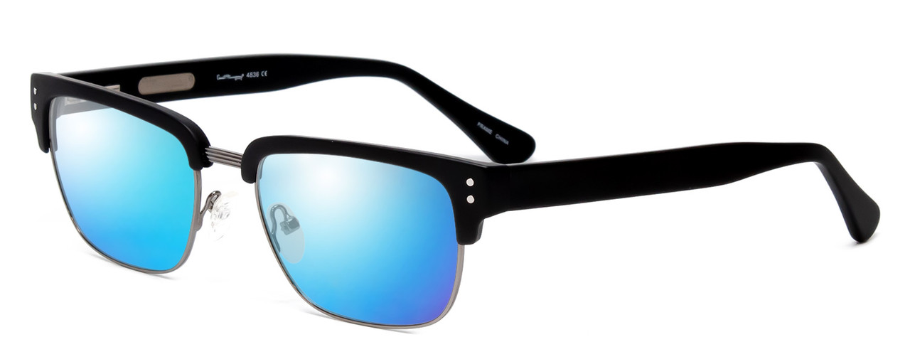 Profile View of Ernest Hemingway H4836-MBK Designer Polarized Sunglasses with Custom Cut Blue Mirror Lenses in Matte Black Gun Metal Silver Unisex Classic Full Rim Metal 53 mm