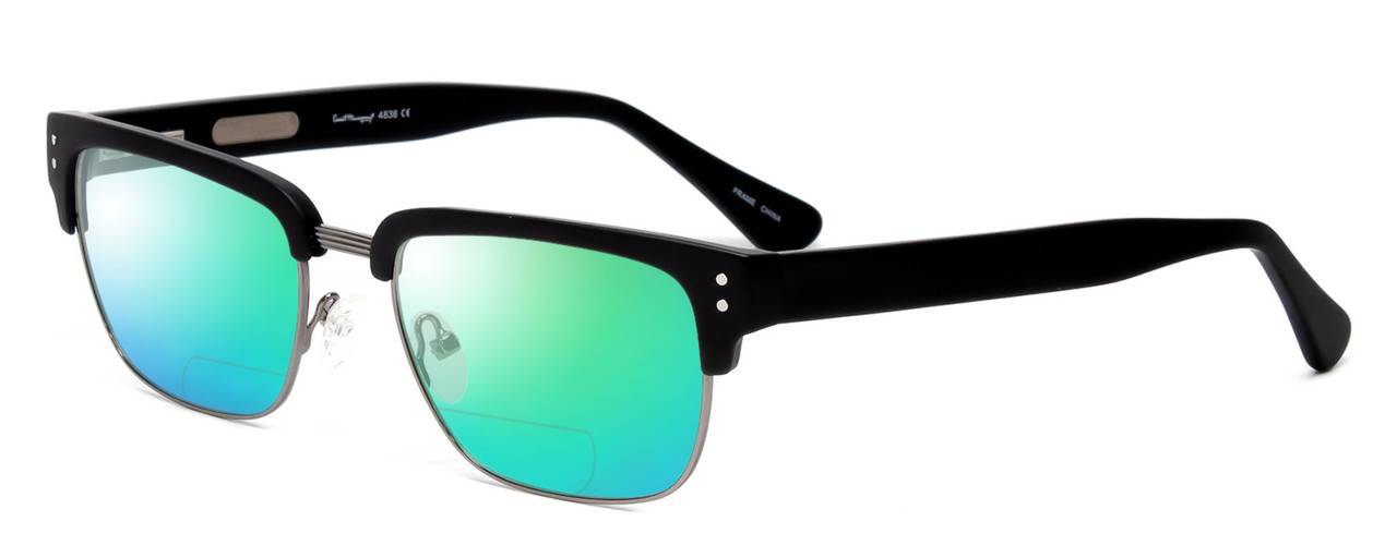 Profile View of Ernest Hemingway H4836-MBK Designer Polarized Reading Sunglasses with Custom Cut Powered Green Mirror Lenses in Matte Black Gun Metal Silver Unisex Classic Full Rim Metal 53 mm