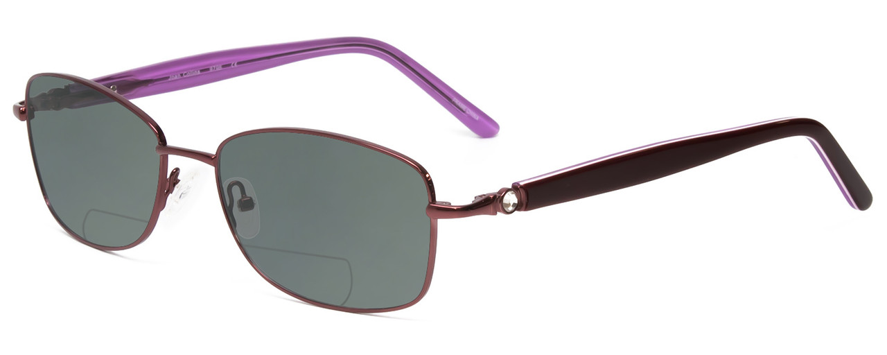 Profile View of Joan Collins JC9796-BUR Designer Polarized Reading Sunglasses with Custom Cut Powered Smoke Grey Lenses in Burgundy Red Lilac Purple Crystals Ladies Square Full Rim Stainless Steel 57 mm