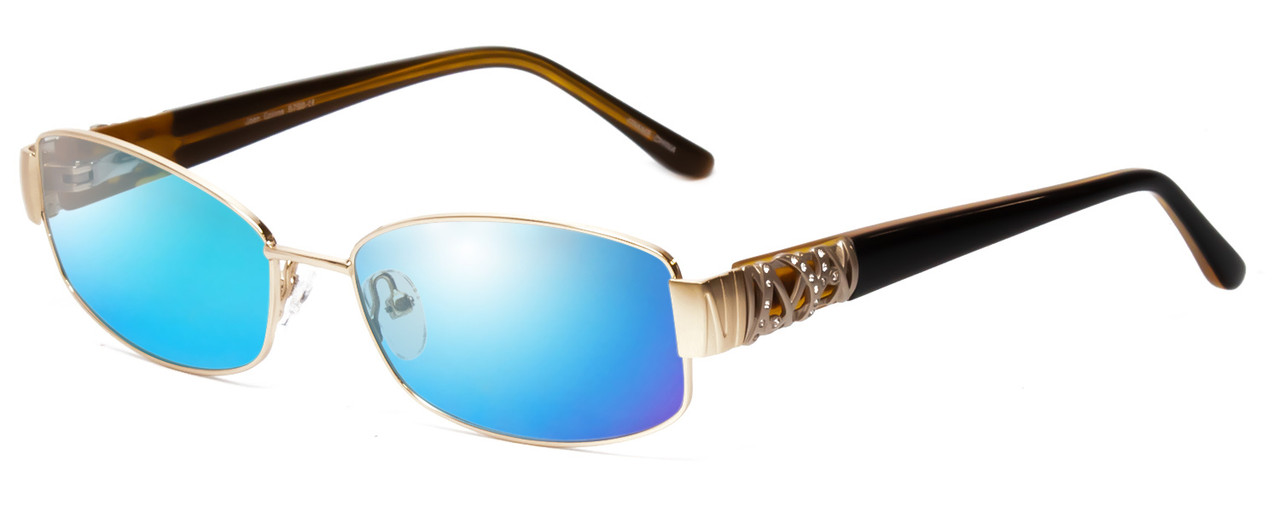 Profile View of Joan Collins JC9798-GLD Designer Polarized Sunglasses with Custom Cut Blue Mirror Lenses in Gold Crystals Ladies Square Full Rim Stainless Steel 54 mm