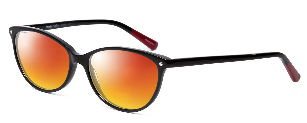 Profile View of Marie Claire MC6205-BLK Designer Polarized Sunglasses with Custom Cut Red Mirror Lenses in Black Red Ladies Cateye Full Rim Acetate 54 mm