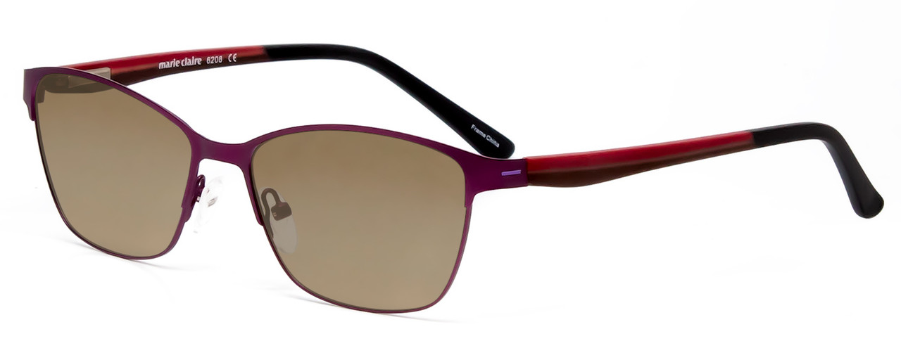 Profile View of Marie Claire MC6208-GRP Designer Polarized Sunglasses with Custom Cut Amber Brown Lenses in Grape Purple Red Black Ladies Cateye Full Rim Stainless Steel 52 mm