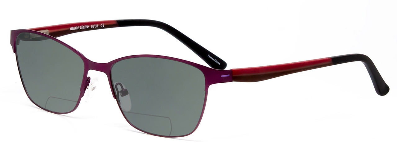 Profile View of Marie Claire MC6208-GRP Designer Polarized Reading Sunglasses with Custom Cut Powered Smoke Grey Lenses in Grape Purple Red Black Ladies Cateye Full Rim Stainless Steel 52 mm