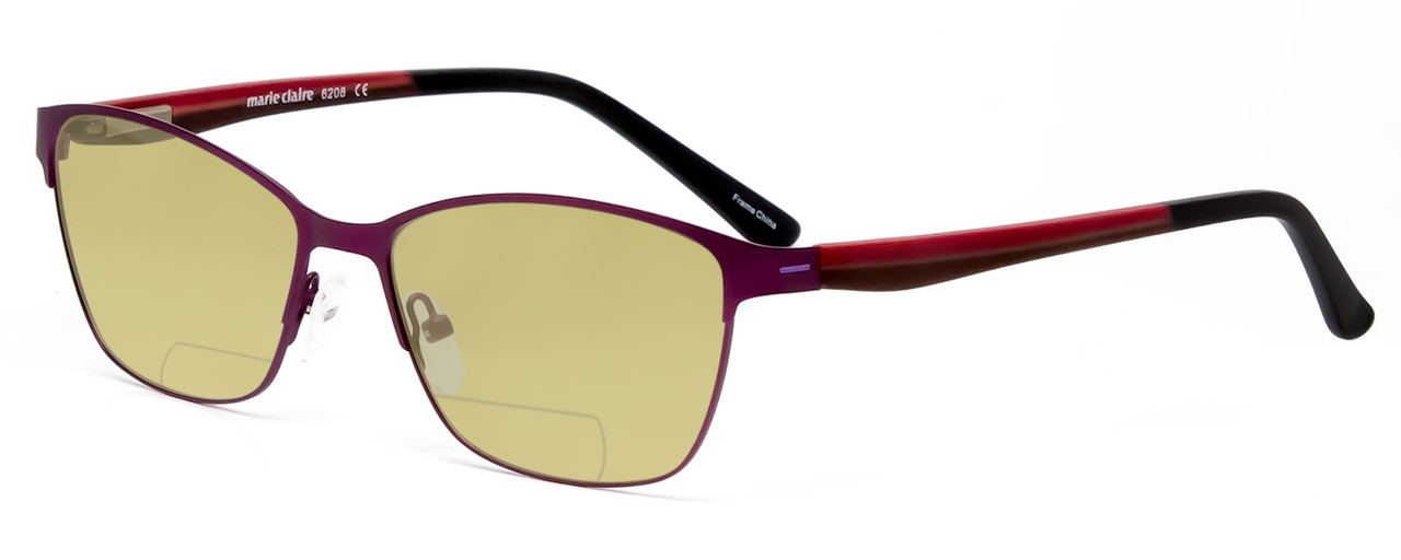 Profile View of Marie Claire MC6208-GRP Designer Polarized Reading Sunglasses with Custom Cut Powered Sun Flower Yellow Lenses in Grape Purple Red Black Ladies Cateye Full Rim Stainless Steel 52 mm