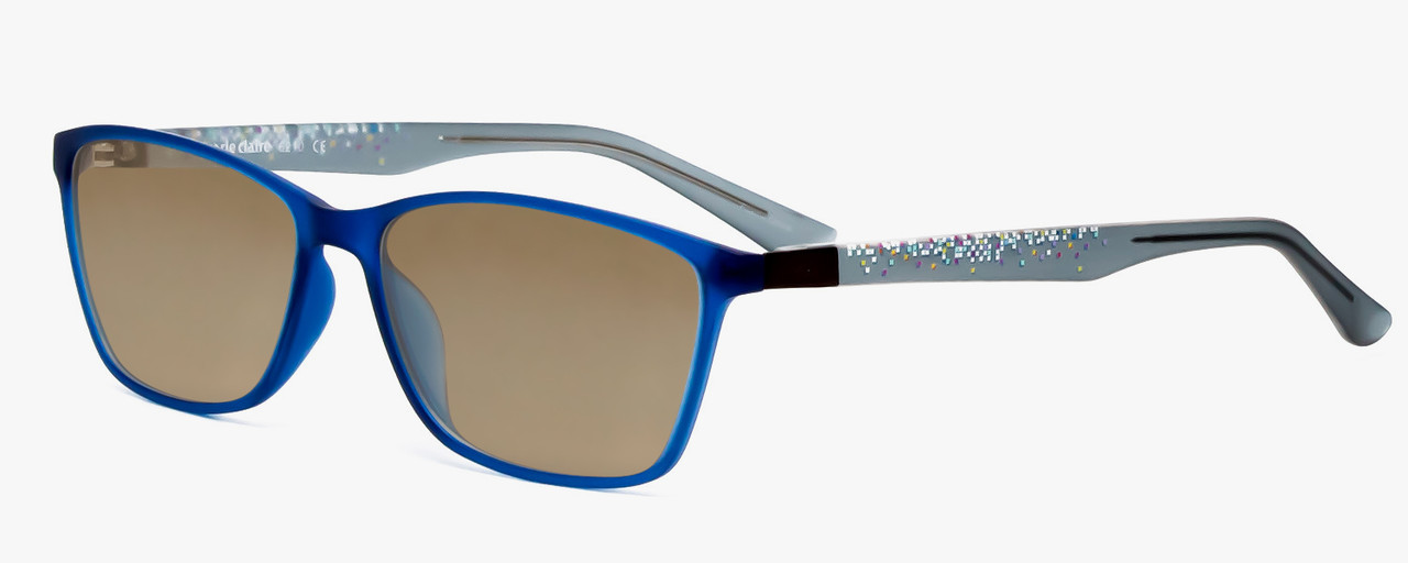 Profile View of Marie Claire MC6210-BLU Designer Polarized Sunglasses with Custom Cut Amber Brown Lenses in Matte Crystal Blue Grey Ladies Classic Full Rim Acetate 55 mm
