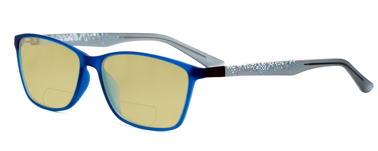 Profile View of Marie Claire MC6210-BLU Designer Polarized Reading Sunglasses with Custom Cut Powered Sun Flower Yellow Lenses in Matte Crystal Blue Grey Ladies Classic Full Rim Acetate 55 mm