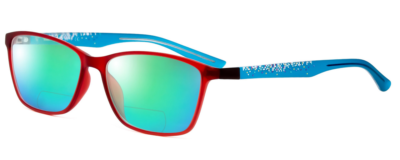 Profile View of Marie Claire MC6210-RBL Designer Polarized Reading Sunglasses with Custom Cut Powered Green Mirror Lenses in Matte Crystal Red Blue Ladies Classic Full Rim Acetate 55 mm