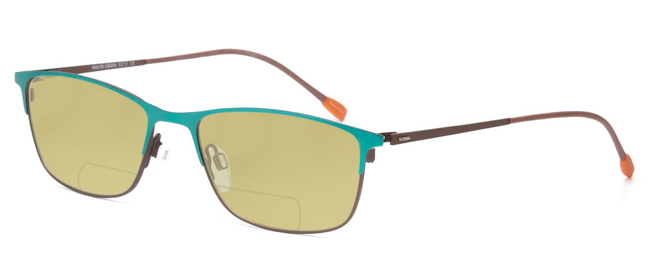 Profile View of Marie Claire MC6213-TLE Designer Polarized Reading Sunglasses with Custom Cut Powered Sun Flower Yellow Lenses in Teal Green Blue Ladies Cateye Full Rim Stainless Steel 52 mm