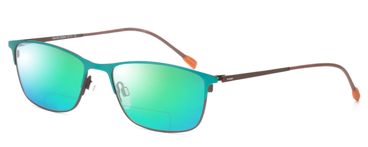 Profile View of Marie Claire MC6213-TLE Designer Polarized Reading Sunglasses with Custom Cut Powered Green Mirror Lenses in Teal Green Blue Ladies Cateye Full Rim Stainless Steel 52 mm