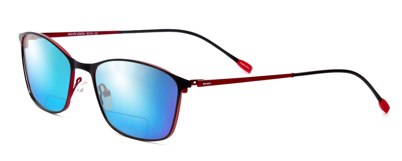 Profile View of Marie Claire MC6214-BKR Designer Polarized Reading Sunglasses with Custom Cut Powered Blue Mirror Lenses in Black Red Ladies Cateye Full Rim Stainless Steel 54 mm