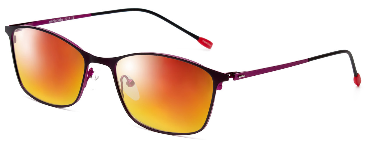 Profile View of Marie Claire MC6214-PFS Designer Polarized Sunglasses with Custom Cut Red Mirror Lenses in Purple Fuchsia Hot Pink Ladies Cateye Full Rim Stainless Steel 54 mm