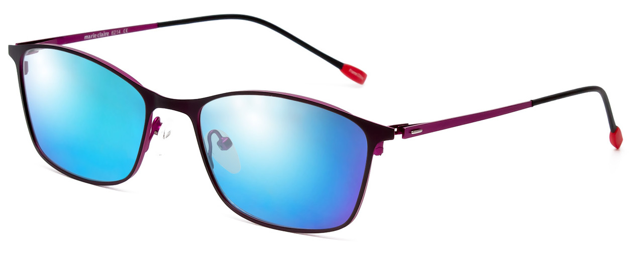 Profile View of Marie Claire MC6214-PFS Designer Polarized Sunglasses with Custom Cut Blue Mirror Lenses in Purple Fuchsia Hot Pink Ladies Cateye Full Rim Stainless Steel 54 mm