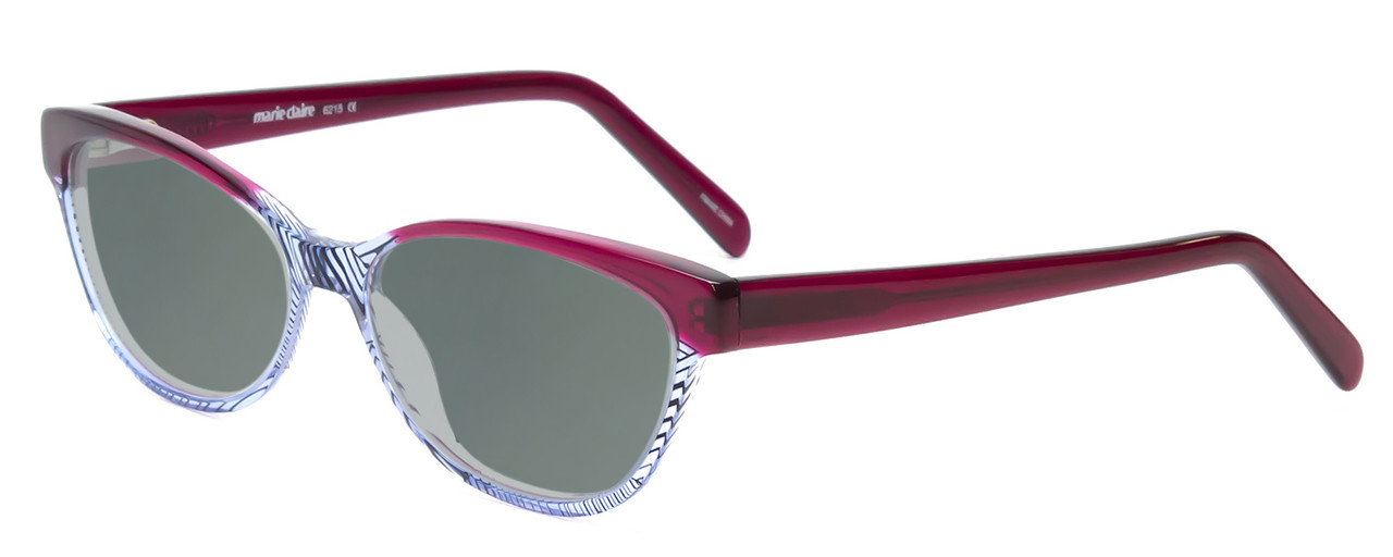 Profile View of Marie Claire MC6215-BGB Designer Polarized Sunglasses with Custom Cut Smoke Grey Lenses in Burgundy Red Blue Crystal Fade Ladies Cateye Full Rim Acetate 55 mm