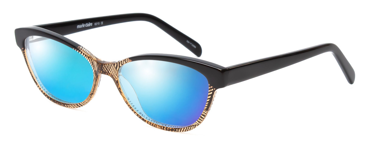 Profile View of Marie Claire MC6215-BKB Designer Polarized Sunglasses with Custom Cut Blue Mirror Lenses in Black Brown Crystal Fade Ladies Cateye Full Rim Acetate 55 mm