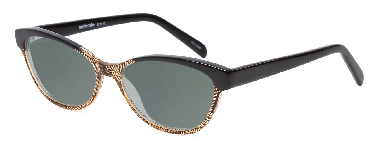 Profile View of Marie Claire MC6215-BKB Designer Polarized Sunglasses with Custom Cut Smoke Grey Lenses in Black Brown Crystal Fade Ladies Cateye Full Rim Acetate 55 mm