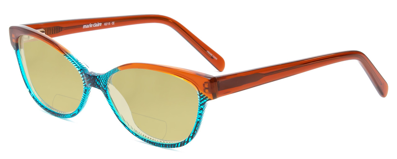 Profile View of Marie Claire MC6215-BTU Designer Polarized Reading Sunglasses with Custom Cut Powered Sun Flower Yellow Lenses in Brown Turquoise Blue Crystal Fade Ladies Cateye Full Rim Acetate 55 mm