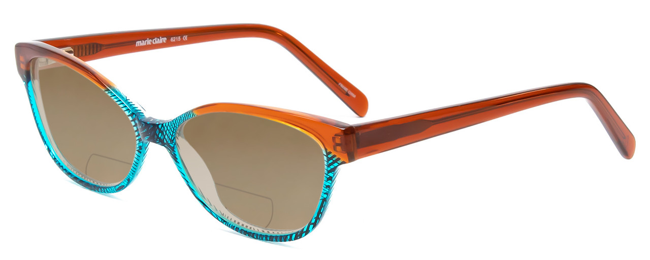 Profile View of Marie Claire MC6215-BTU Designer Polarized Reading Sunglasses with Custom Cut Powered Amber Brown Lenses in Brown Turquoise Blue Crystal Fade Ladies Cateye Full Rim Acetate 55 mm