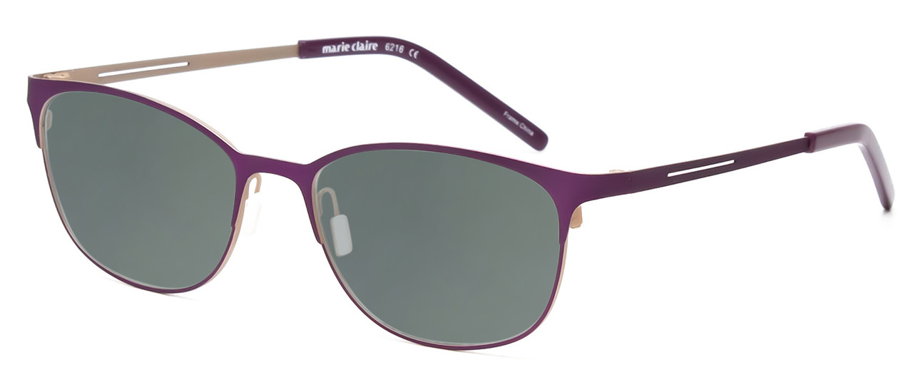 Profile View of Marie Claire MC6216-PGD Designer Polarized Sunglasses with Custom Cut Smoke Grey Lenses in Purple Gold Ladies Classic Full Rim Stainless Steel 51 mm