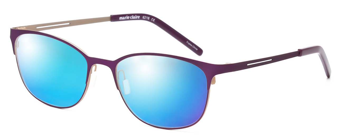 Profile View of Marie Claire MC6216-PGD Designer Polarized Sunglasses with Custom Cut Blue Mirror Lenses in Purple Gold Ladies Classic Full Rim Stainless Steel 51 mm