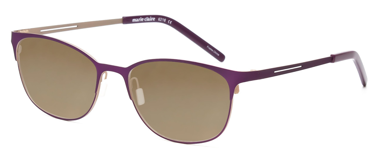 Profile View of Marie Claire MC6216-PGD Designer Polarized Sunglasses with Custom Cut Amber Brown Lenses in Purple Gold Ladies Classic Full Rim Stainless Steel 51 mm