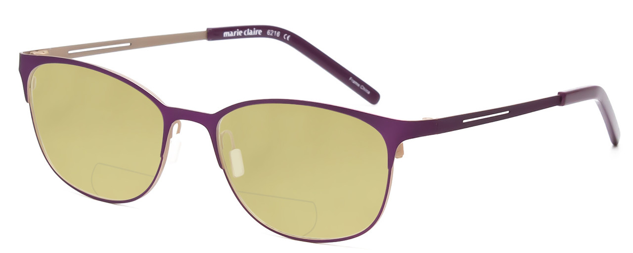 Profile View of Marie Claire MC6216-PGD Designer Polarized Reading Sunglasses with Custom Cut Powered Sun Flower Yellow Lenses in Purple Gold Ladies Classic Full Rim Stainless Steel 51 mm