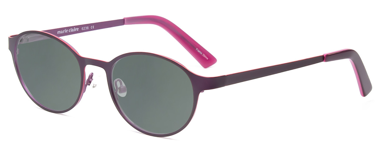 Profile View of Marie Claire MC6236-PRE Designer Polarized Sunglasses with Custom Cut Smoke Grey Lenses in Purple Red Ladies Round Full Rim Stainless Steel 46 mm