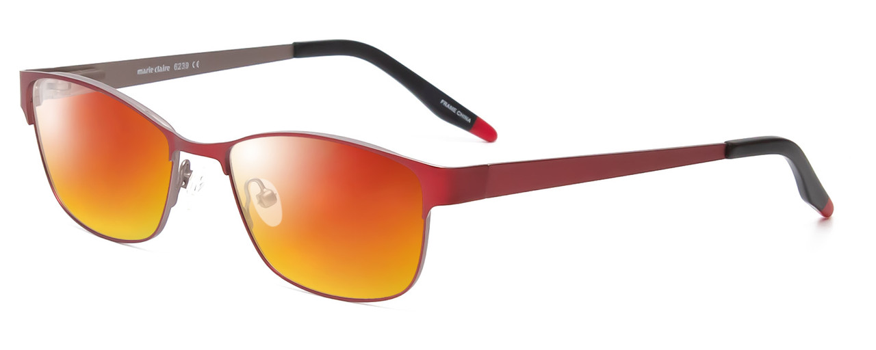 Profile View of Marie Claire MC6239-BUR Designer Polarized Sunglasses with Custom Cut Red Mirror Lenses in Burgundy Red Black Ladies Classic Full Rim Stainless Steel 49 mm