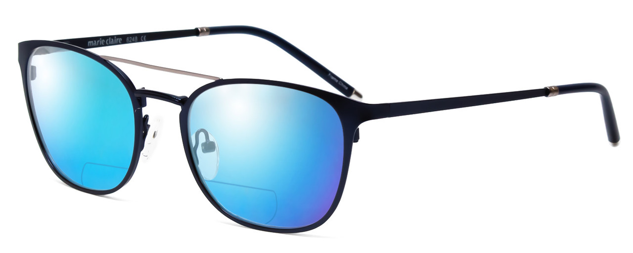 Profile View of Marie Claire MC6248-NVY Designer Polarized Reading Sunglasses with Custom Cut Powered Blue Mirror Lenses in Navy Blue Ladies Classic Full Rim Stainless Steel 49 mm