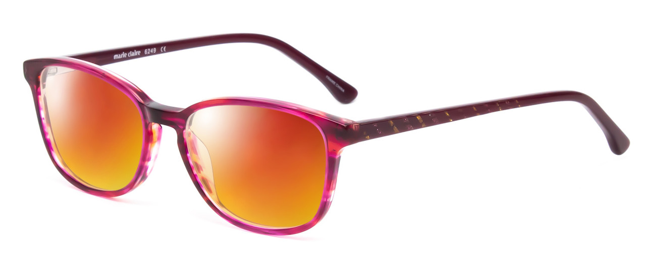 Profile View of Marie Claire MC6249-RUB Designer Polarized Sunglasses with Custom Cut Red Mirror Lenses in Ruby Red Crystal Pink Ladies Cateye Full Rim Acetate 47 mm