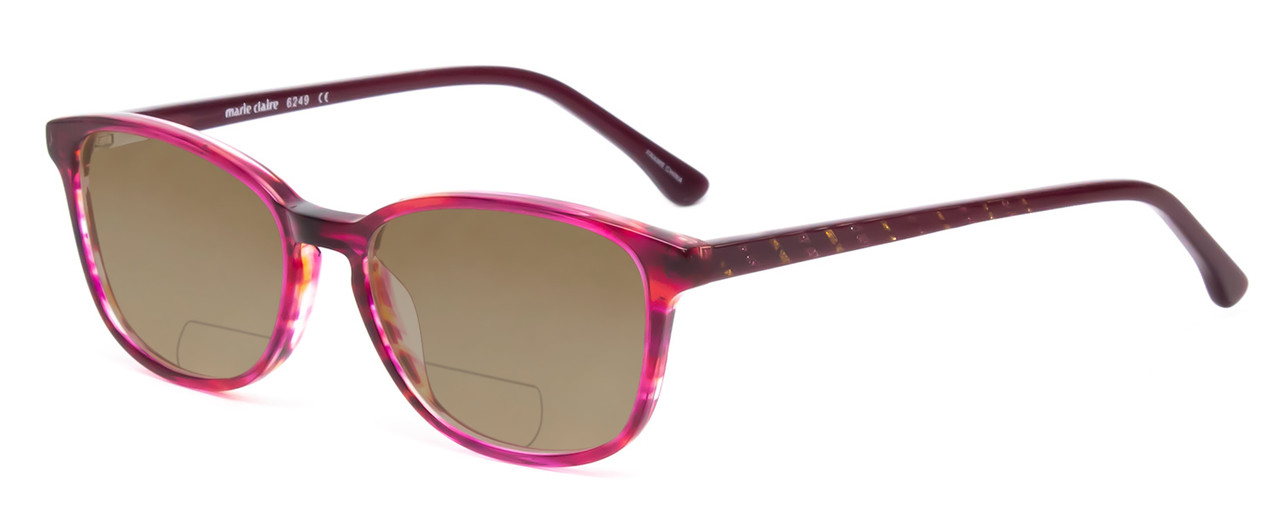 Profile View of Marie Claire MC6249-RUB Designer Polarized Reading Sunglasses with Custom Cut Powered Amber Brown Lenses in Ruby Red Crystal Pink Ladies Cateye Full Rim Acetate 47 mm