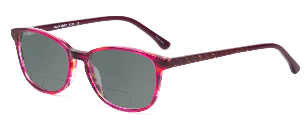 Profile View of Marie Claire MC6249-RUB Designer Polarized Reading Sunglasses with Custom Cut Powered Smoke Grey Lenses in Ruby Red Crystal Pink Ladies Cateye Full Rim Acetate 47 mm