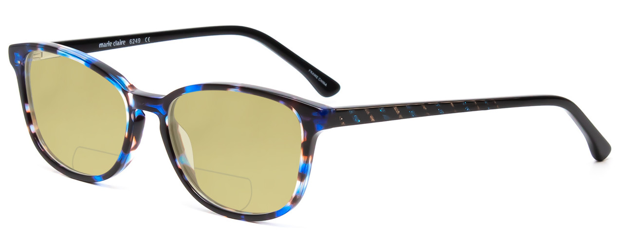 Profile View of Marie Claire MC6249-SAP Designer Polarized Reading Sunglasses with Custom Cut Powered Sun Flower Yellow Lenses in Sapphire Blue Crystal Marble Ladies Cateye Full Rim Acetate 47 mm