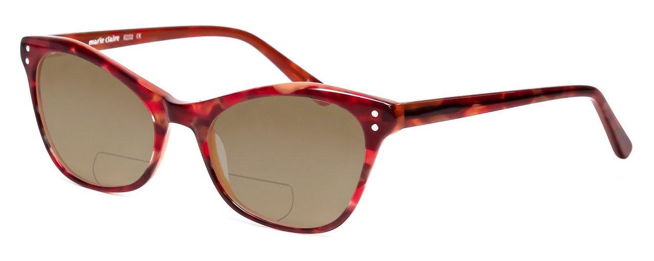 Profile View of Marie Claire MC6252-BUT Designer Polarized Reading Sunglasses with Custom Cut Powered Amber Brown Lenses in Burgundy Red Tortoise Havana Ladies Cateye Full Rim Acetate 53 mm