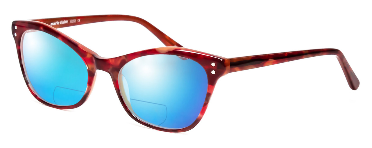 Profile View of Marie Claire MC6252-BUT Designer Polarized Reading Sunglasses with Custom Cut Powered Blue Mirror Lenses in Burgundy Red Tortoise Havana Ladies Cateye Full Rim Acetate 53 mm