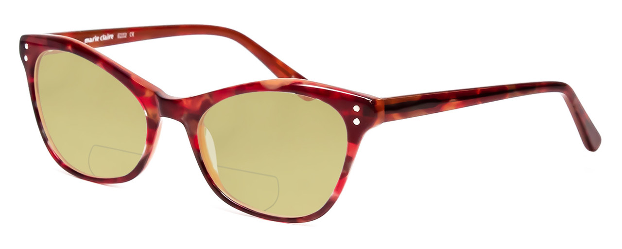 Profile View of Marie Claire MC6252-BUT Designer Polarized Reading Sunglasses with Custom Cut Powered Sun Flower Yellow Lenses in Burgundy Red Tortoise Havana Ladies Cateye Full Rim Acetate 53 mm