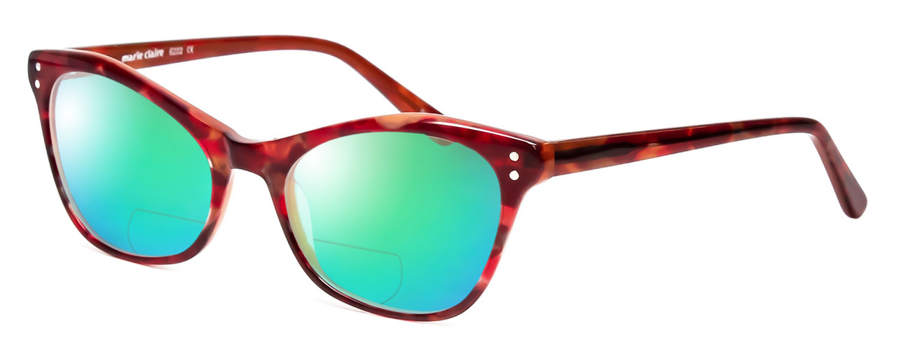 Profile View of Marie Claire MC6252-BUT Designer Polarized Reading Sunglasses with Custom Cut Powered Green Mirror Lenses in Burgundy Red Tortoise Havana Ladies Cateye Full Rim Acetate 53 mm