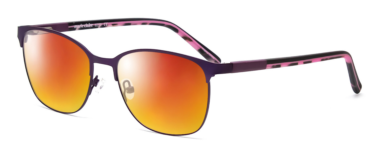 Profile View of Marie Claire MC6259-PUR Designer Polarized Sunglasses with Custom Cut Red Mirror Lenses in Purple Marble Pink Ladies Cateye Full Rim Stainless Steel 49 mm